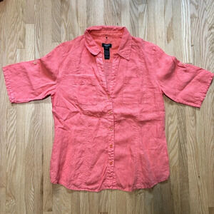 Olsen Europe Linen Short Sleeve Button  Up Shirt with Front Pockets Sz 10/Medium